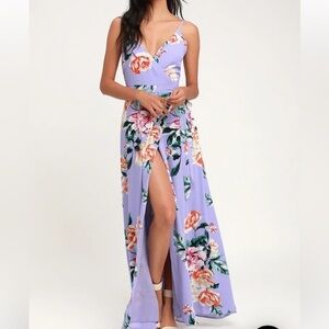 Lulus Floral Flirtation Lavender Floral Print Wrap Maxi Dress